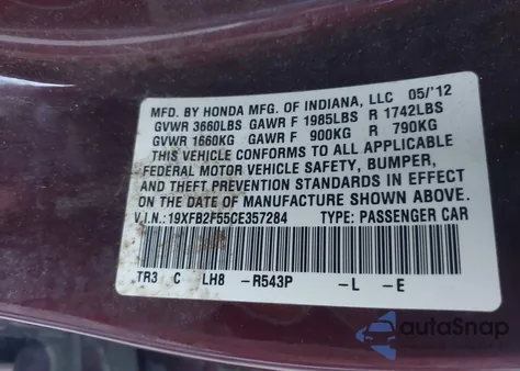 2012 Honda Civic Lx from USA, damaged, VIN 19XFB2F55CE357284